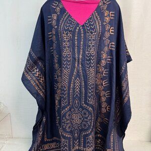 Navy Gaby & Gracie Kaftan Dress With Gold Print  One Size  100% Rayon
